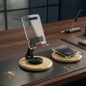 aurum elite: rotating bamboo & acrylic executive mobile stand
